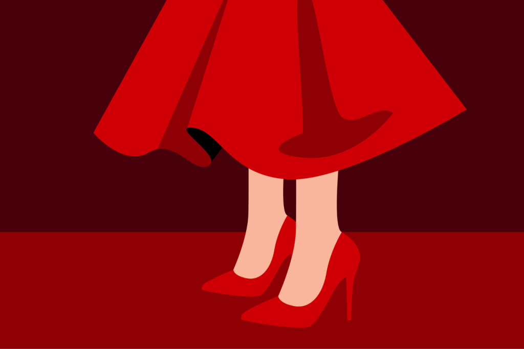 赤いドレスと赤いハイヒールの女性の足元イラスト